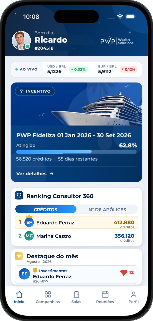 Tela inicial do app PWP Consultor: cotações ao vivo, incentivo em andamento, ranking e destaque do mês